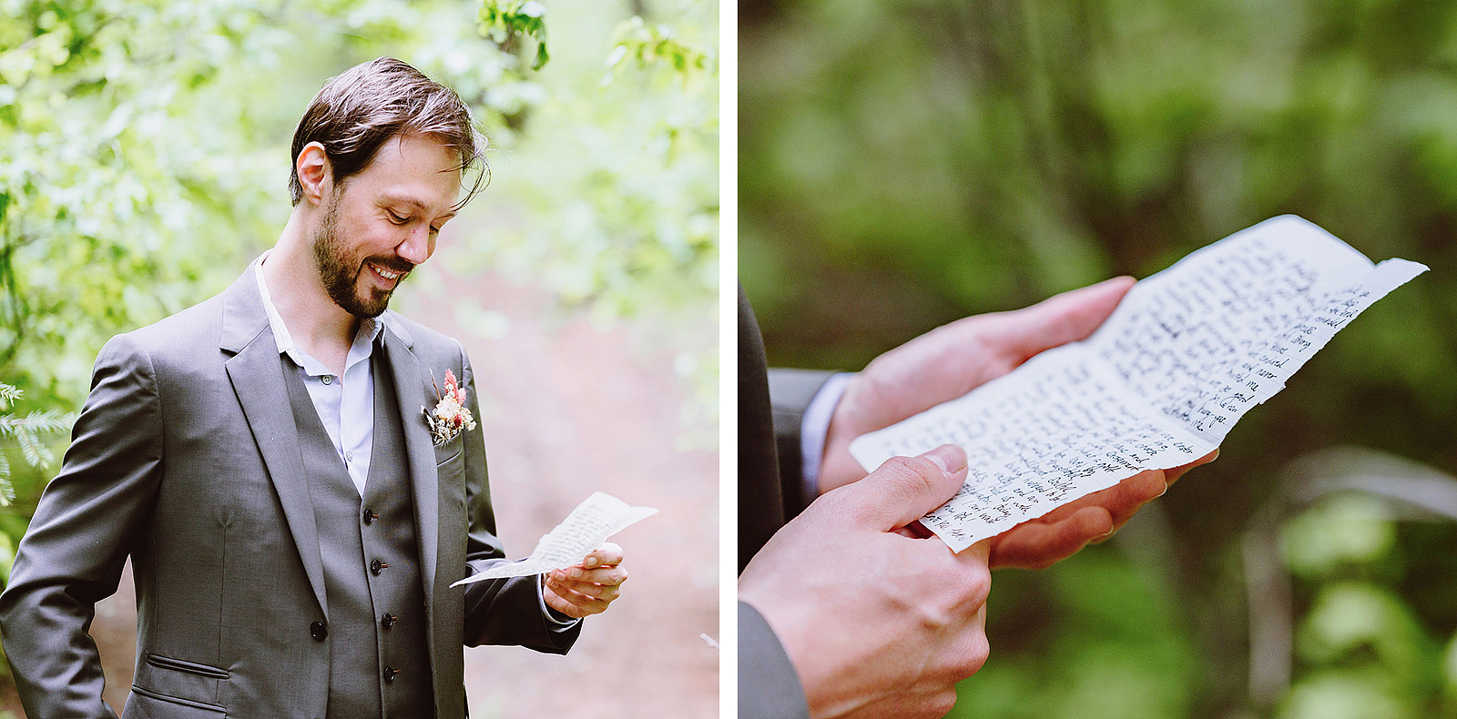 Groom reading a letter from his Bride - Trout Lake Wedding, WA