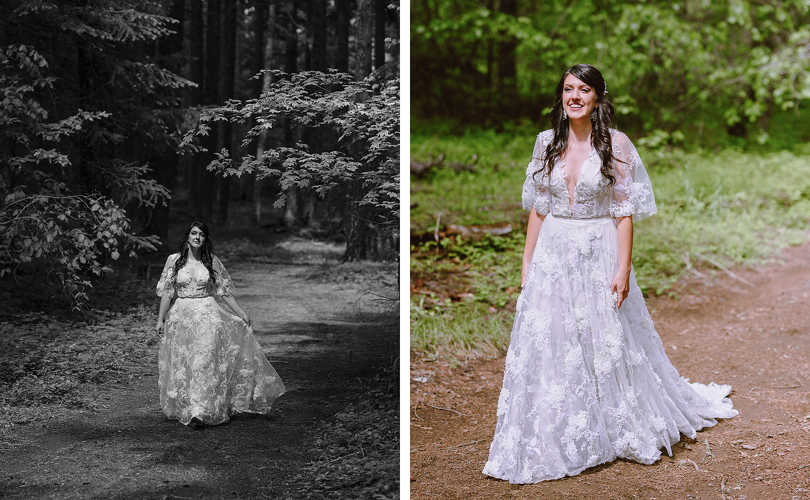 Bride walking to meet her Groom in the forest - Trout Lake Wedding, WA