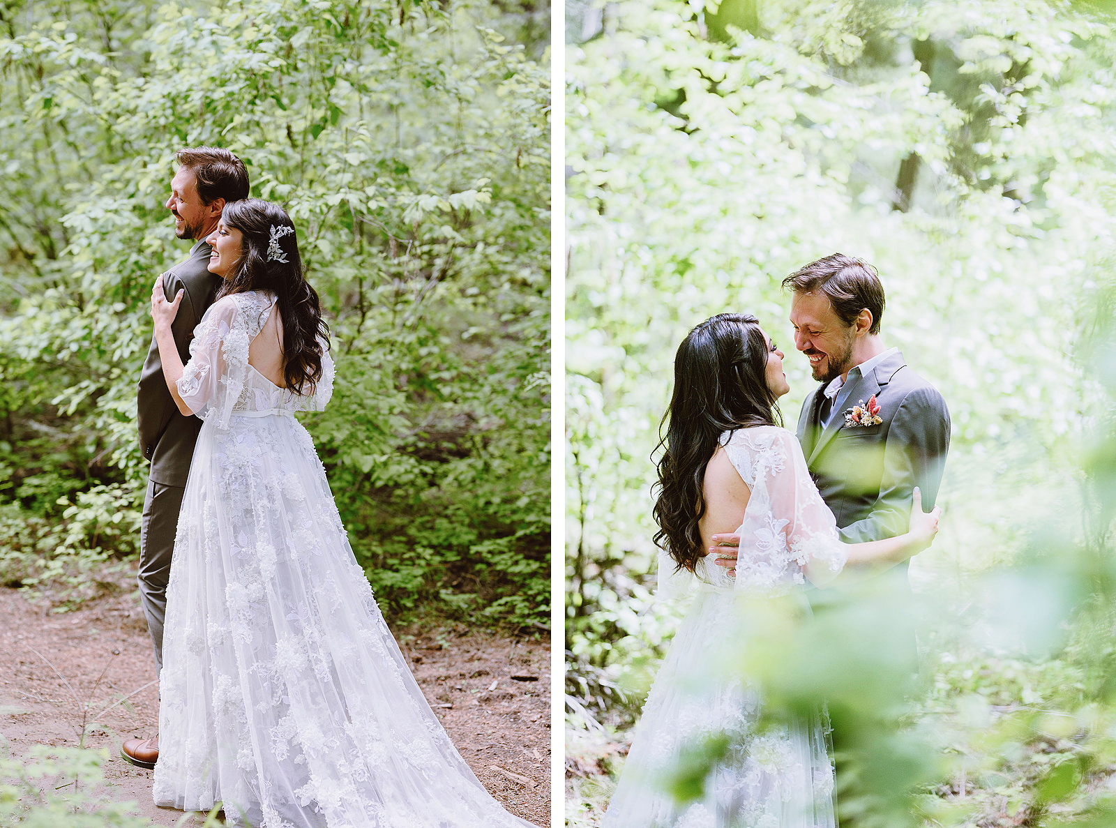 Bride and Groom seeing each other for the first time in the forest - Trout Lake Wedding, WA