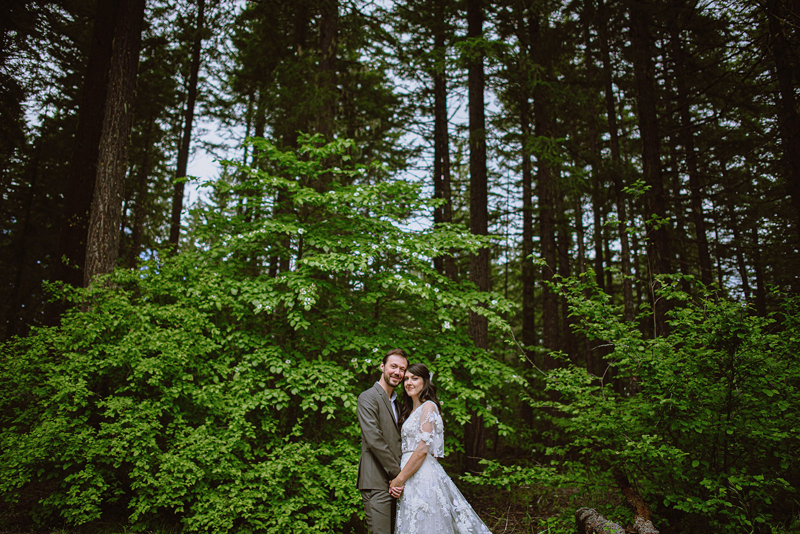 Bride and Groom holding hands under a dogwood tree - Trout Lake Wedding, WA