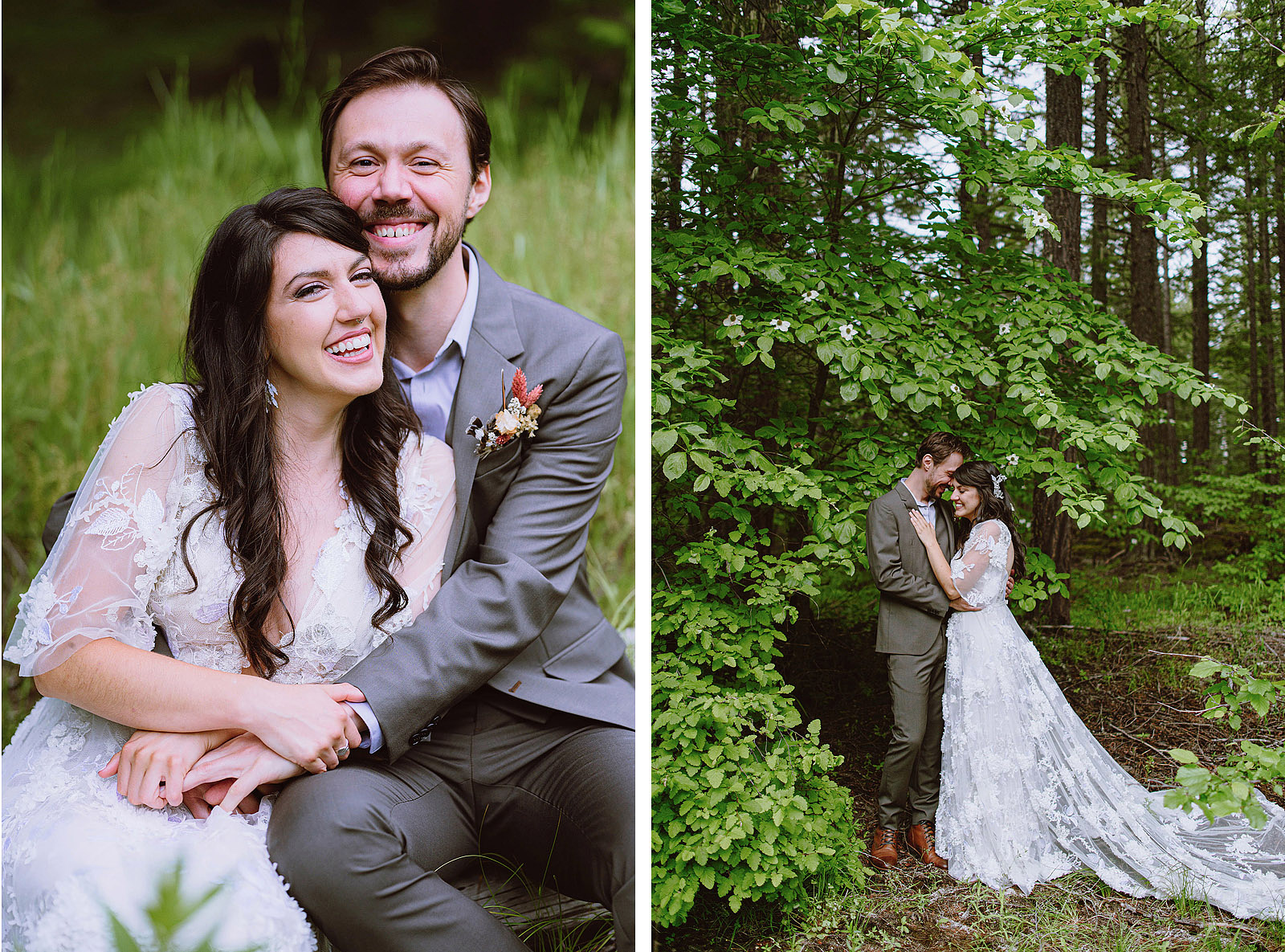 Portraits of bride and groom cuddling in the forest - Trout Lake Wedding, WA
