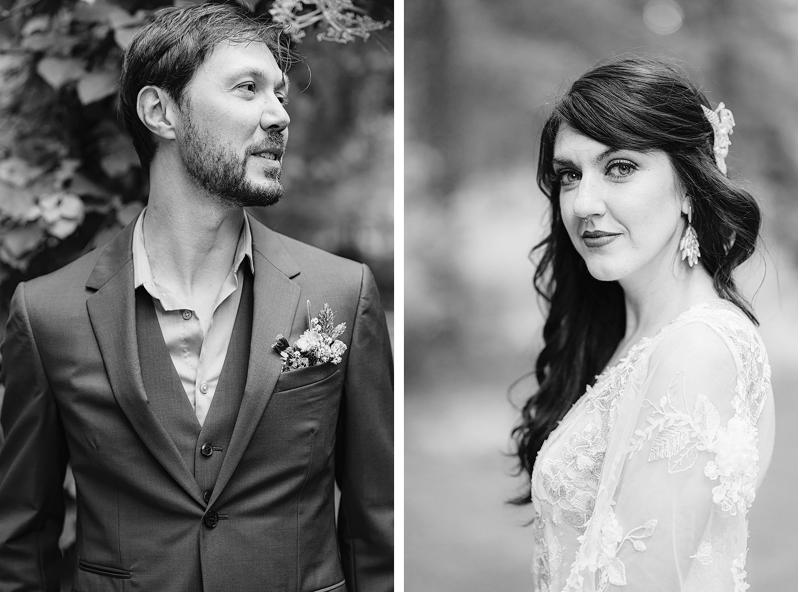 Black and white portraits of a bride and groom - Trout Lake Wedding, WA