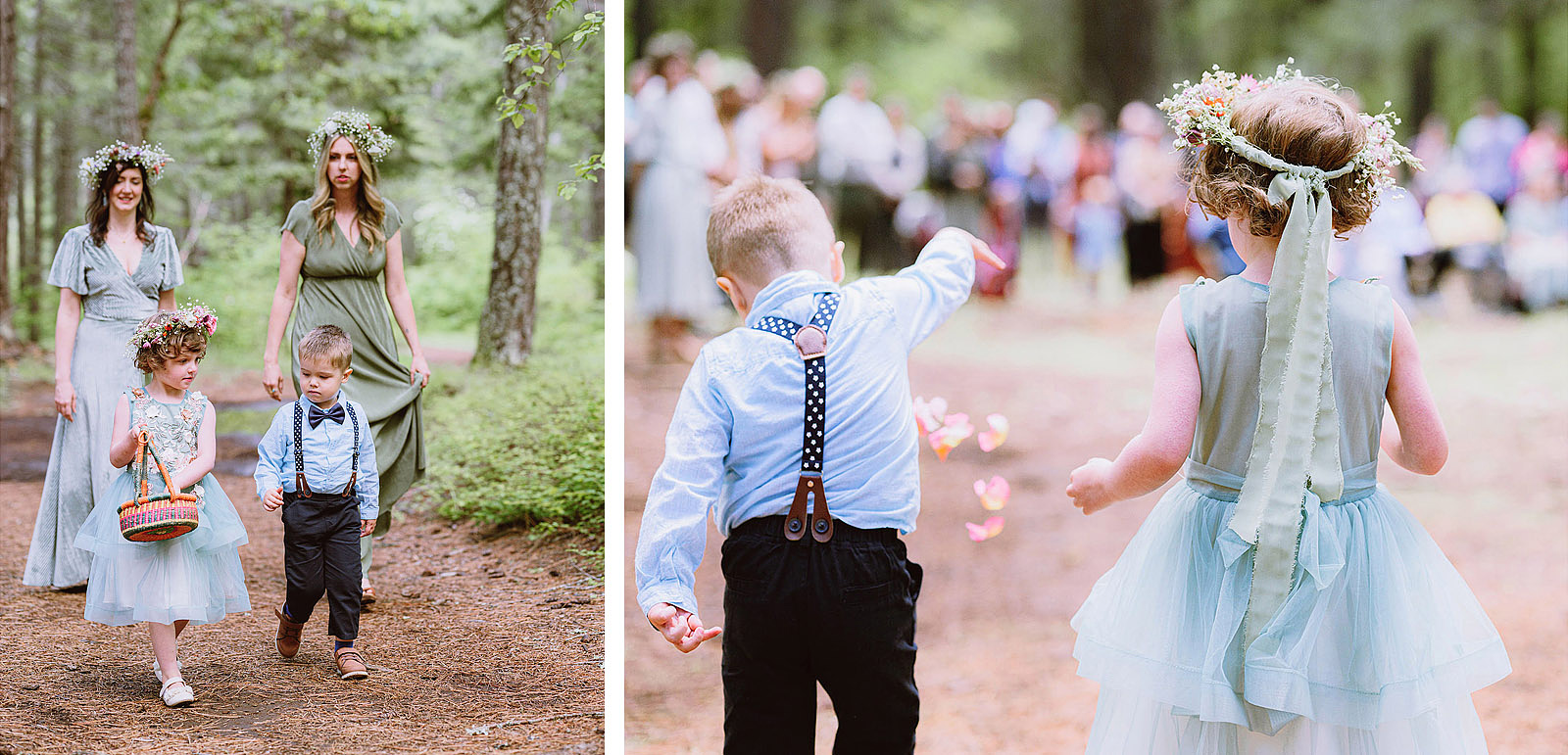 Flower girl and ring bearer dropping petals along the forest path - Trout Lake Wedding, WA