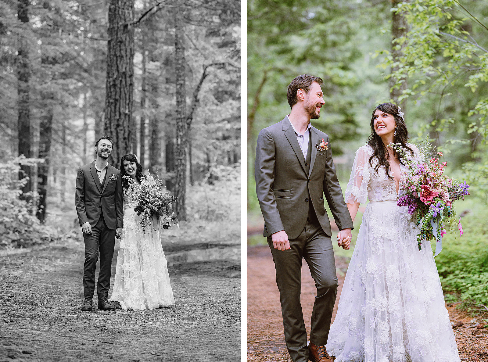 Bride and groom holding hands while walking down the forest path to the ceremony - Trout Lake Wedding, WA