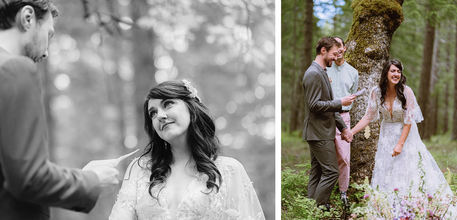 Bride laughing while Groom reads his vows - Trout Lake Wedding, WA