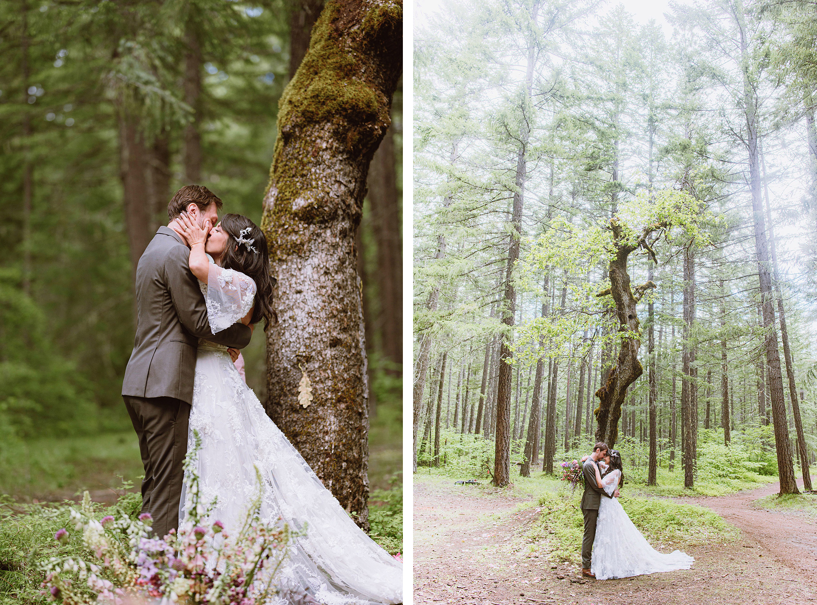 Bride and Groom kissing under a tree in the forest - Trout Lake Wedding, WA