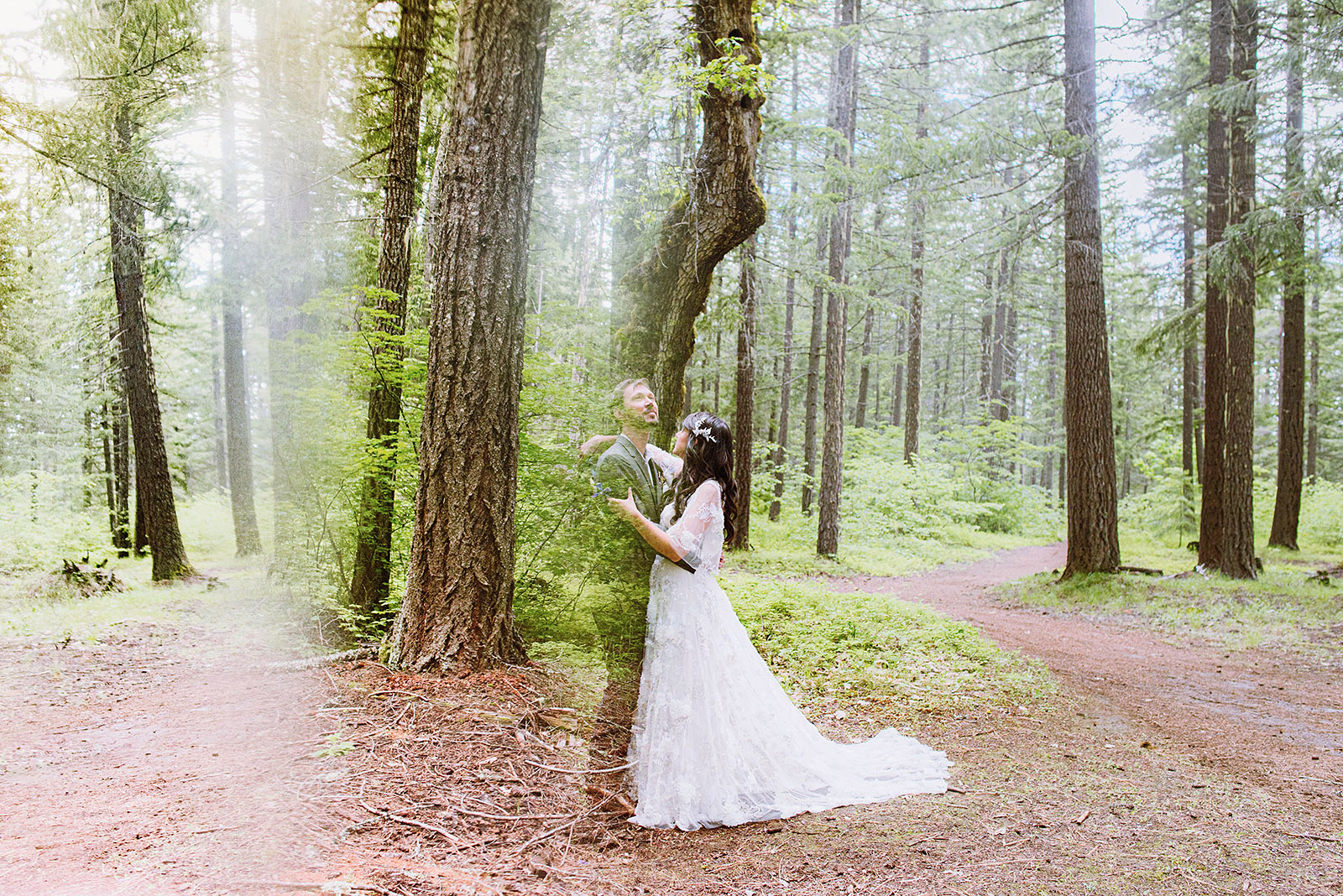 Portraits of the Bride and Groom fading into the forest - Trout Lake Wedding, WA