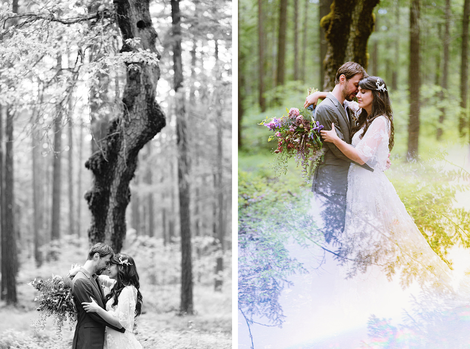 Mystical portraits of the bride and groom fading into the forest - Trout Lake Wedding, WA