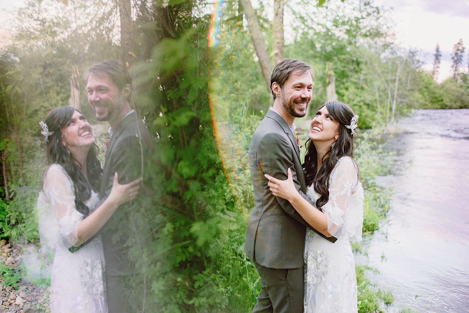 Portraits of bride and groom smiling by the creek at Hollenbeck Park - Trout Lake Wedding, WA