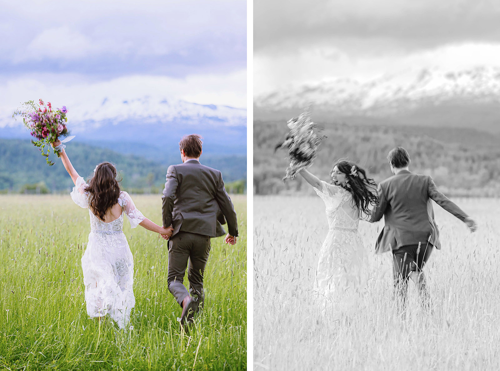 Bride and Groom running through a field of tall grass at Hollenbeck Park - Trout Lake Wedding, WA