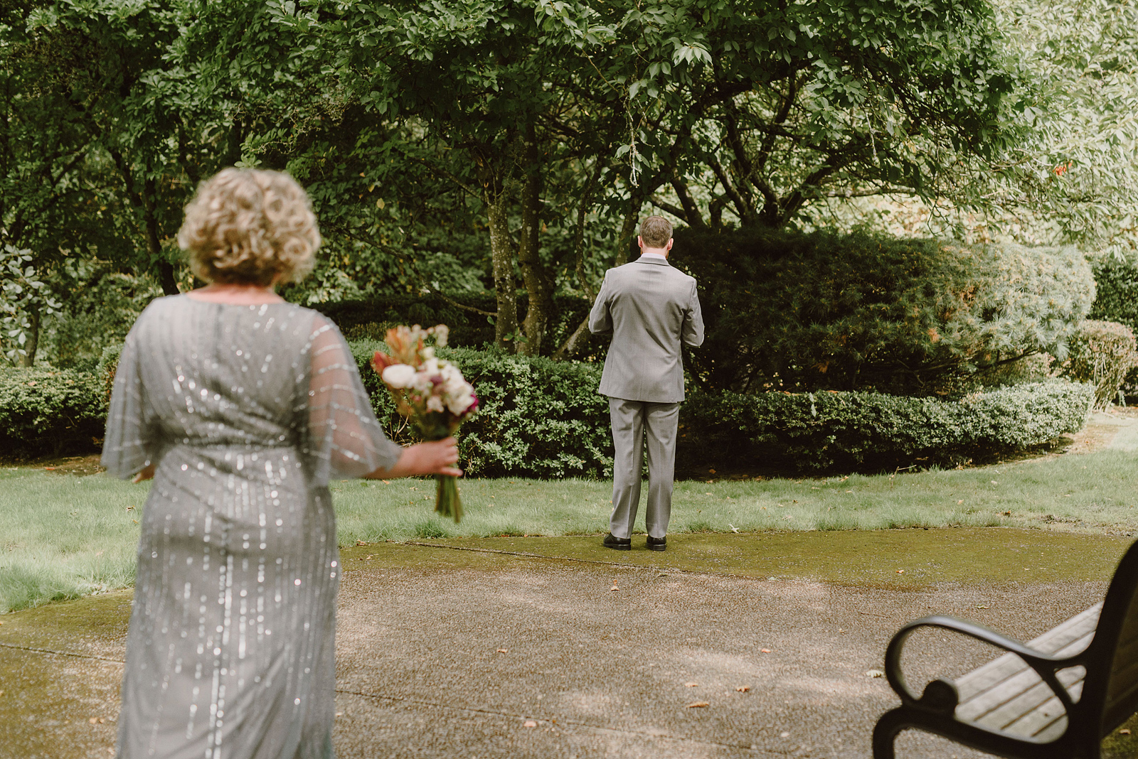 Bride walking up to Groom for the First Look - Oaks Pioneer Church Wedding