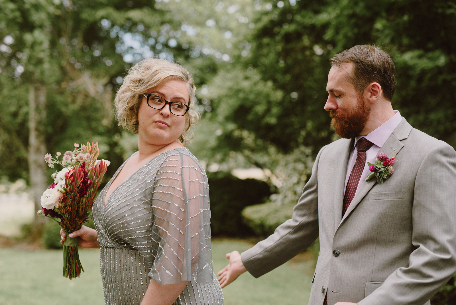 Groom pretending to slap the bride's butt - Oaks Pioneer Church Wedding