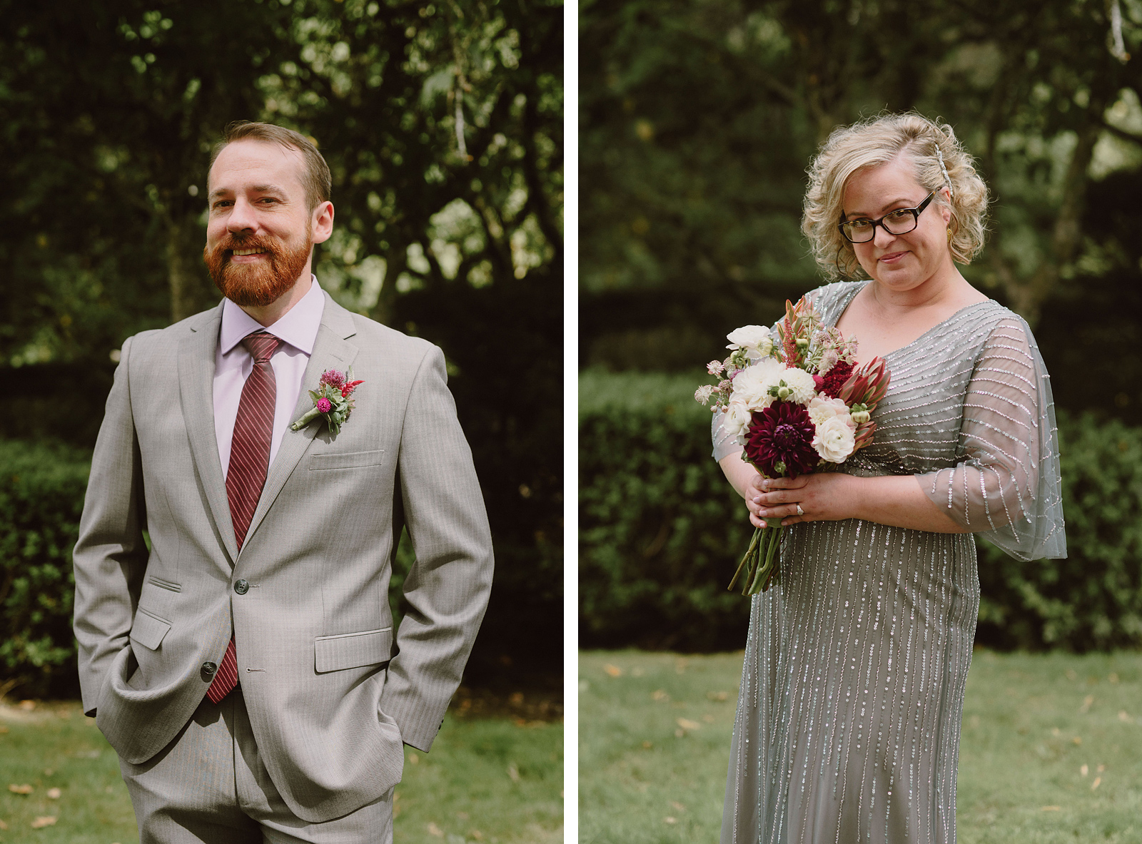 Solo portraits of the Bride and Groom at their Oaks Pioneer Church wedding in Sellwood, OR