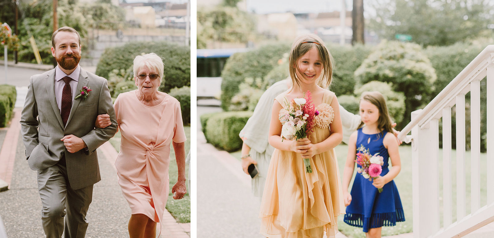 Portraits of the flower girls and groom walking his mom down the aisle - Oaks Pioneer Church Wedding