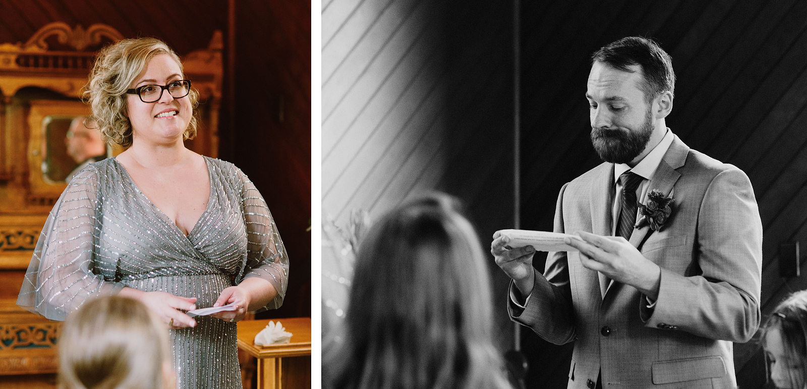 Bride and Groom exchanging vows at their Oaks Pioneer Church wedding in Sellwood, OR