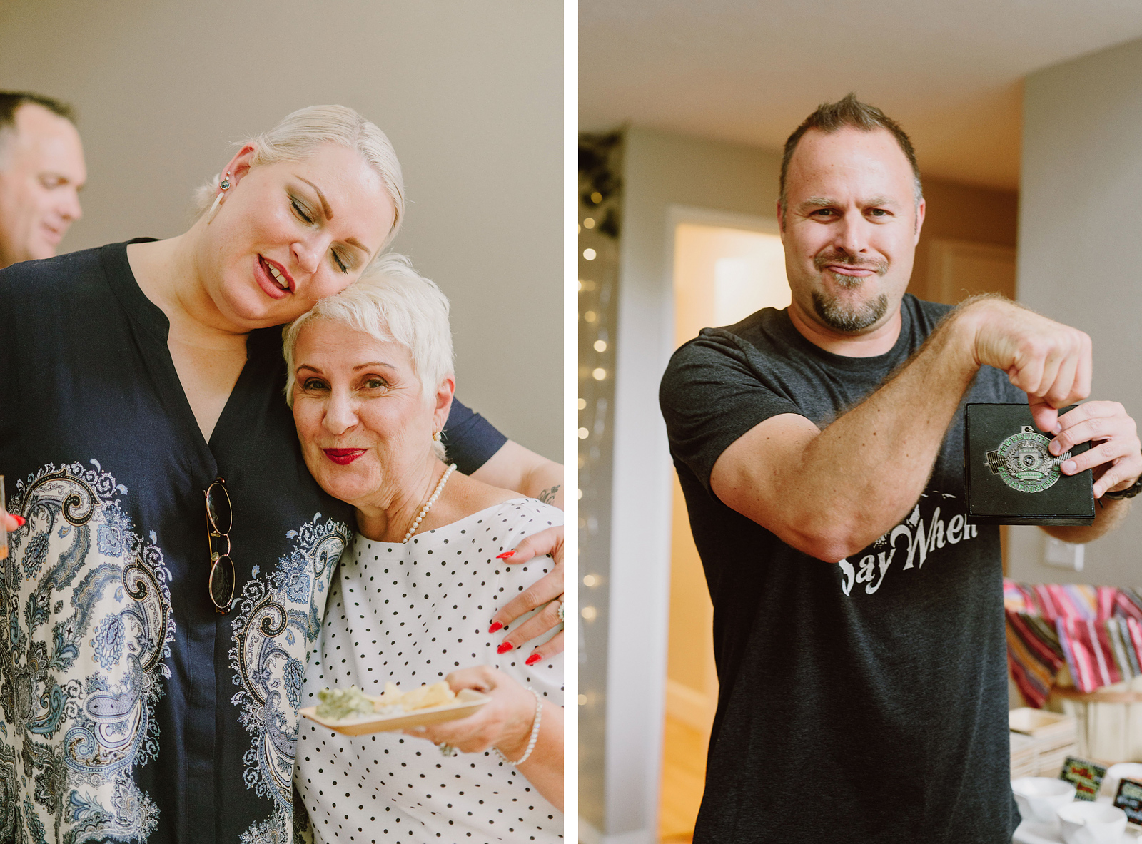 Portraits of wedding guests hugging at the reception - Oaks Pioneer Church Wedding