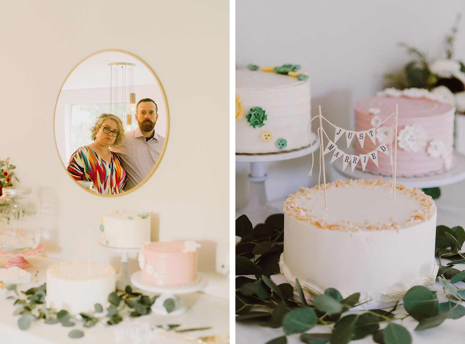 Bride and Groom mean mugging in the mirror next to their wedding cakes - Oaks Pioneer Church Wedding