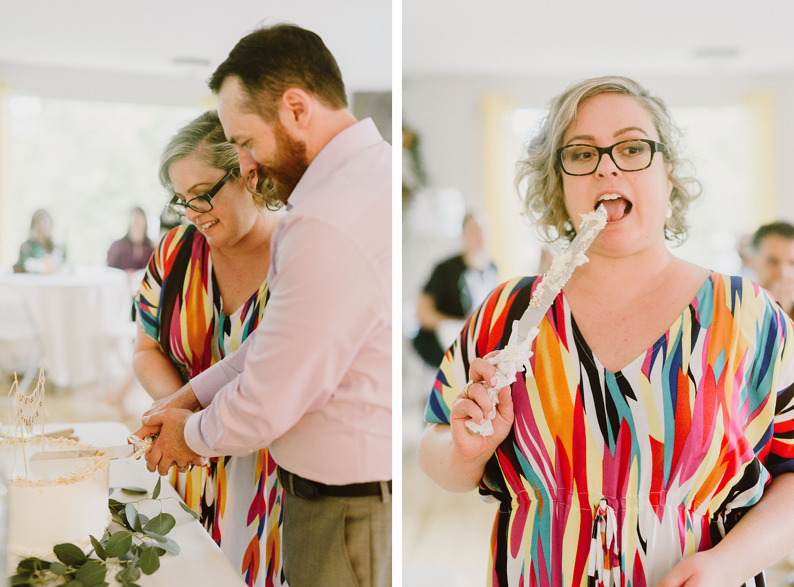 Newlyweds cutting the cake and licking frosting off the knife - Oaks Pioneer Church Wedding