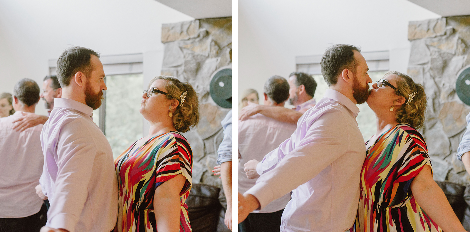 Diptych of bride and groom chest bumping while kissing on the dance floor - Oaks Pioneer Church Wedding
