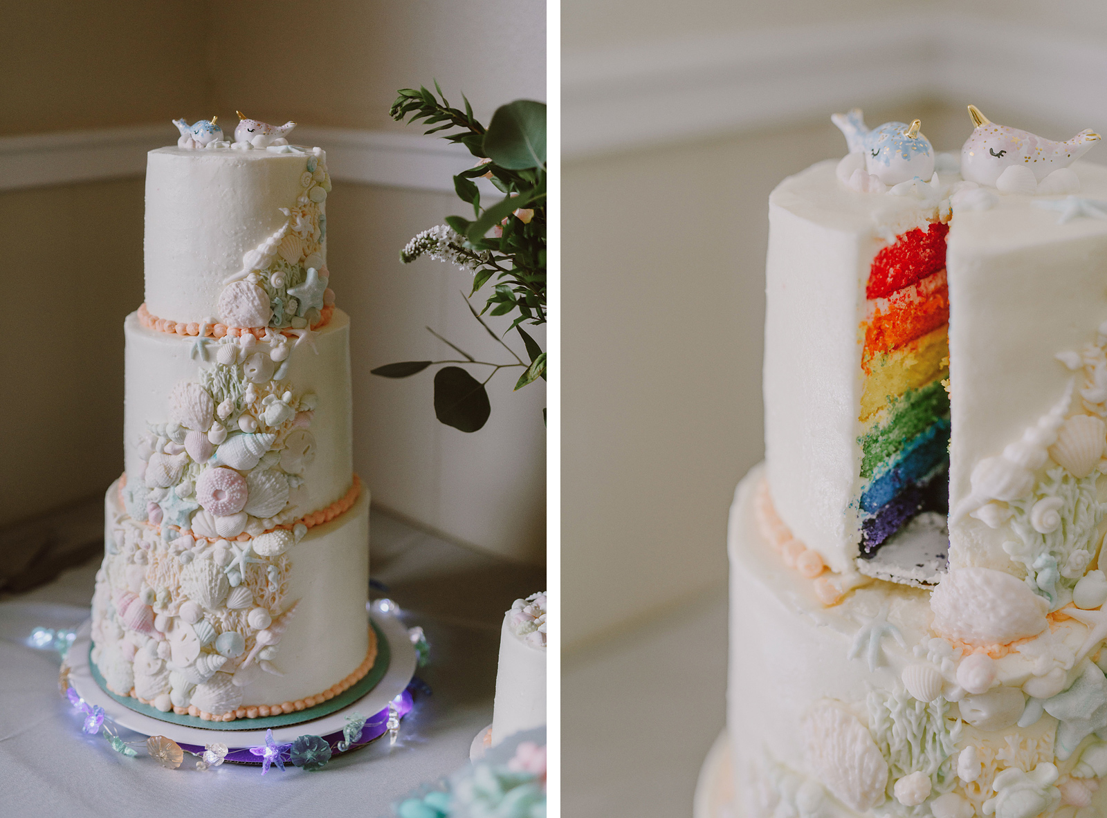 Detail photos of a 3 tiered cake decorated with seashells, revealing rainbow colored layers on the inside - Oceanside Community Club Wedding on the Oregon Coast” title=