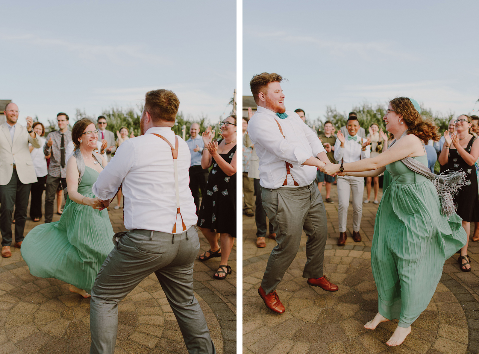Groom jumping in circles with wedding guests during the hora - Oceanside Community Club Wedding on the Oregon Coast” title=