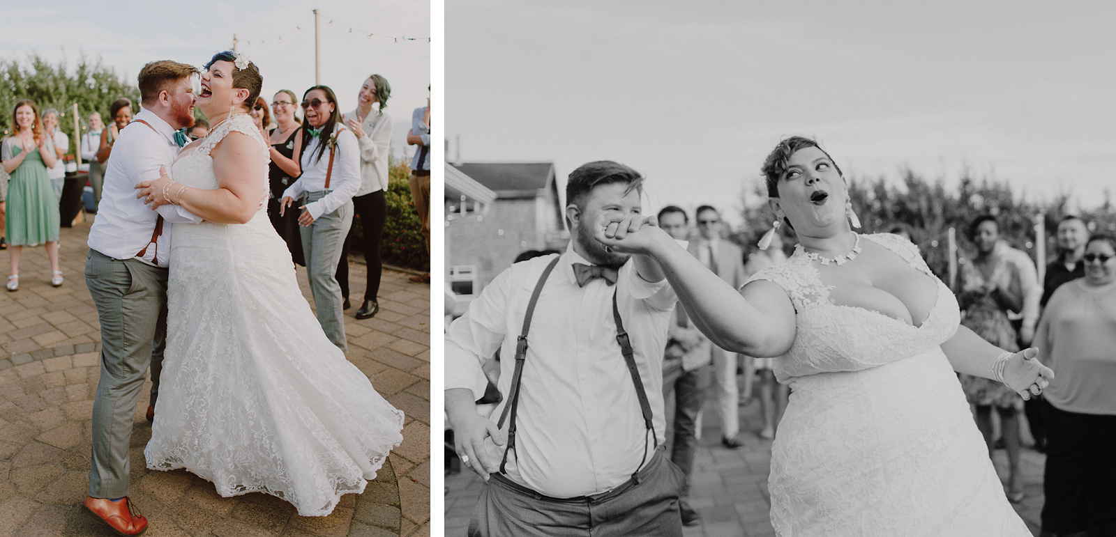 Bride laughing as the groom pulls her into the hora - Oceanside Community Club Wedding on the Oregon Coast” title=