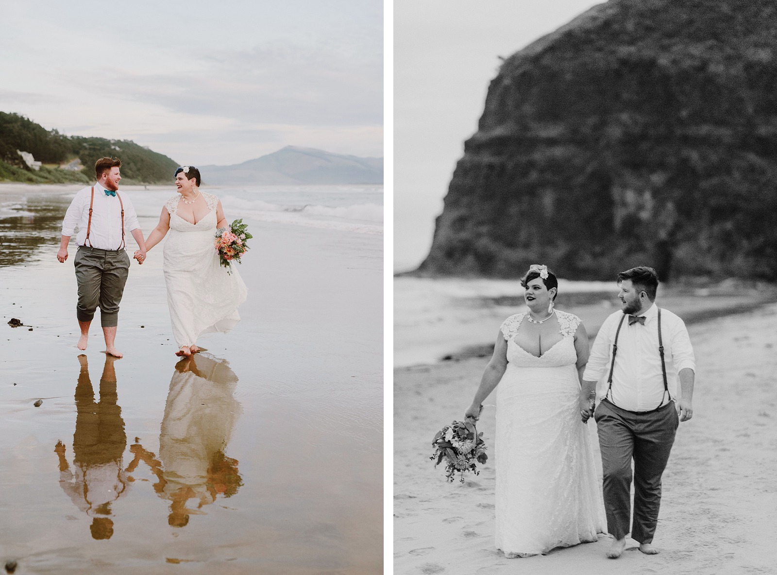 Portraits of the bride and groom walking down the beach at sunset - Oceanside Community Club Wedding” title=