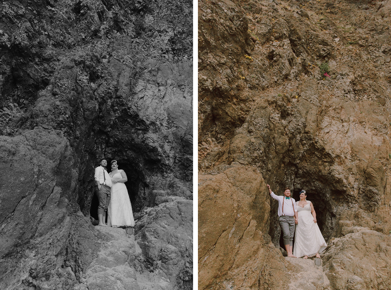 Portraits of the bride and groom standing in front of a cave entrance - Oceanside Community Club Wedding